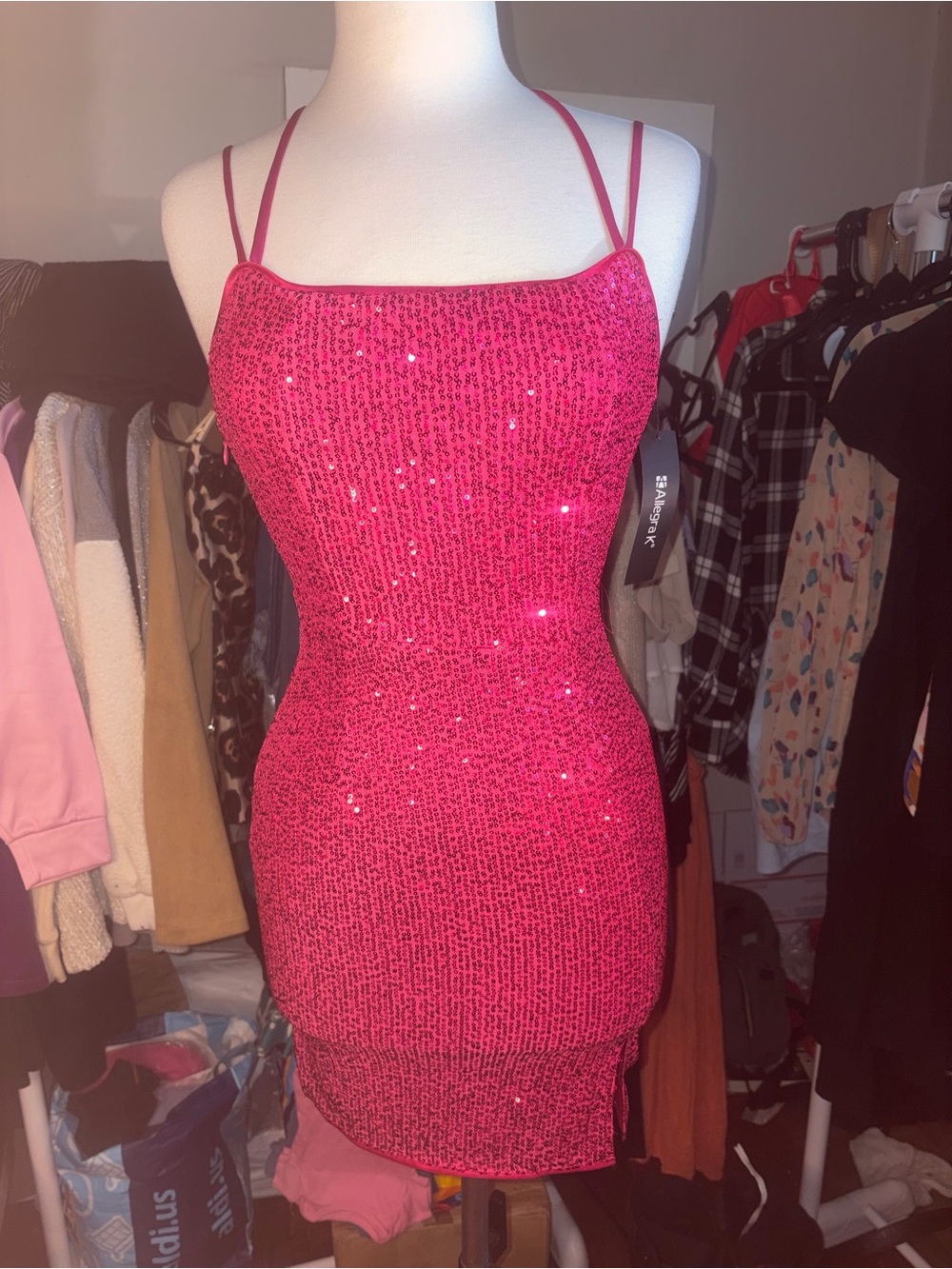 Allegra K Hot Pink Sequin Mini Dress with Double Straps